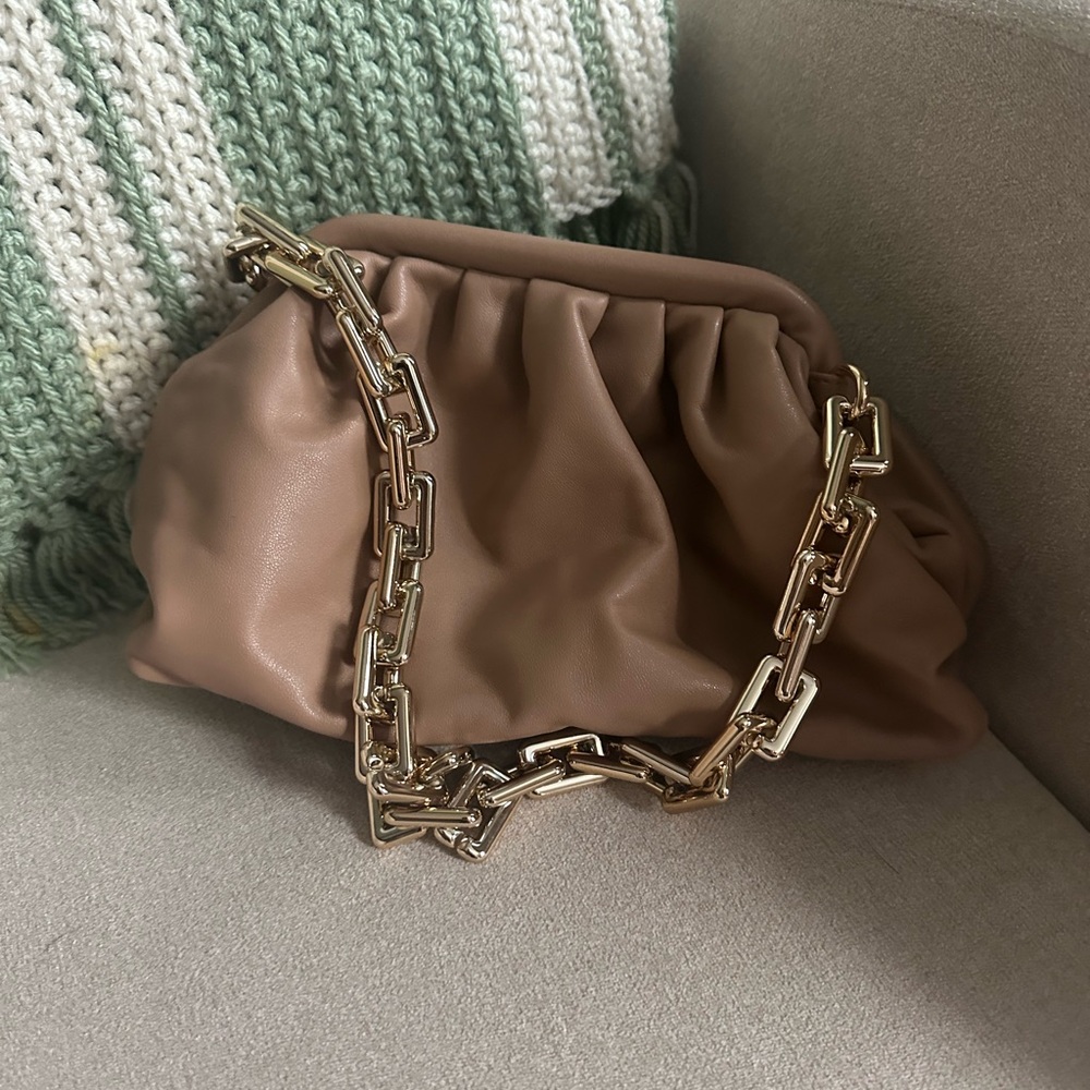 Elegant Tan Clutch with Gold Chain